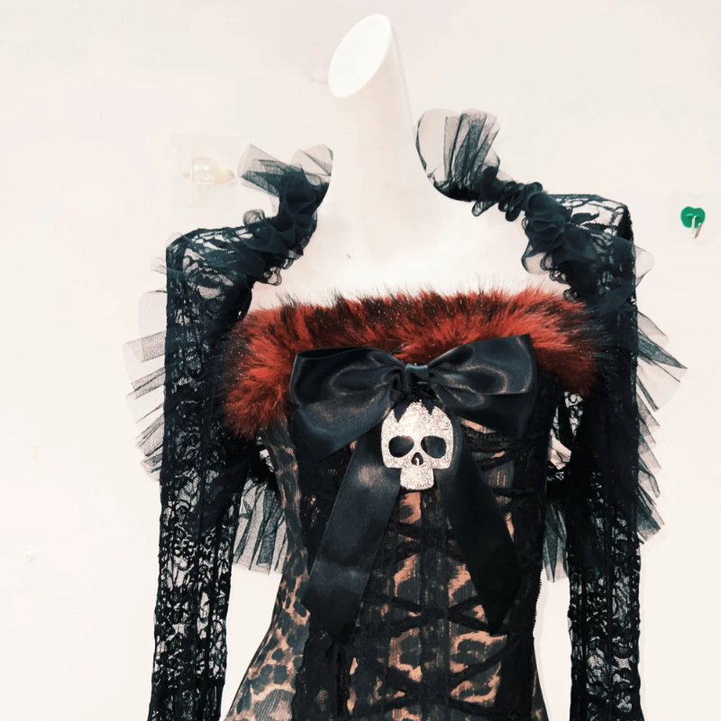 Gothic Glamour Skull Bow Mini Dress with Dramatic Bell Sleeves