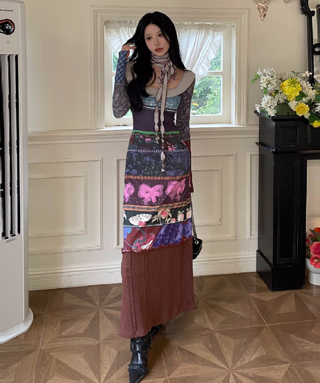 Fall Eclectic Patchwork Maxi Dress with Chic Bowknot: Vintage-Inspired Autumn Style