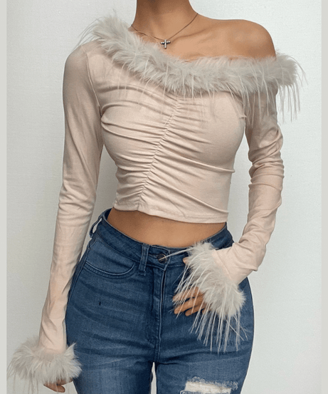Chic Feather Trim Off-Shoulder Ruched Crop Top | Fall & Holiday Glam