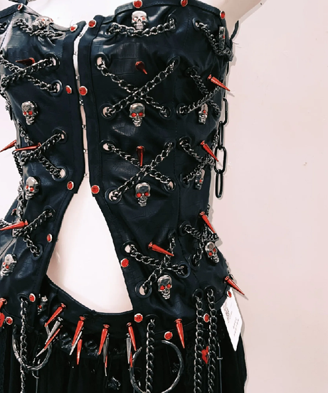 Gothic Punk Spiked Skull Chain Corset & Mini Skirt Set - Unleash Your Halloween & Festival Spirit