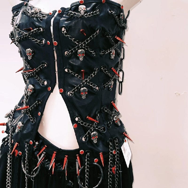 Gothic Punk Spiked Skull Chain Corset & Mini Skirt Set - Unleash Your Halloween & Festival Spirit