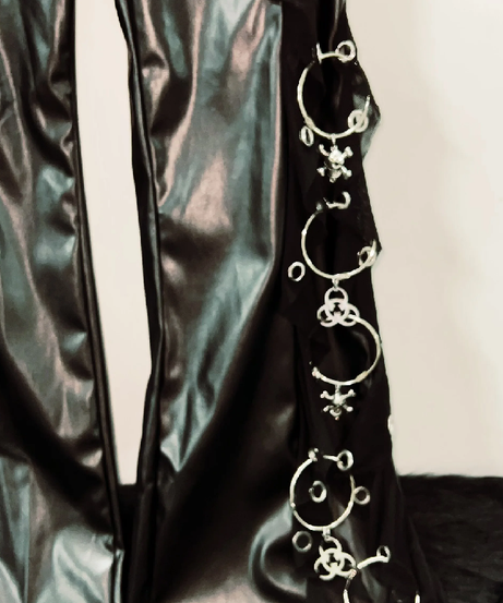 Rebel Heart Faux Leather O-Ring Flare Pants - Edgy Gothic Bell Bottoms with Cross Charms & Chain Belt for Fall & Halloween