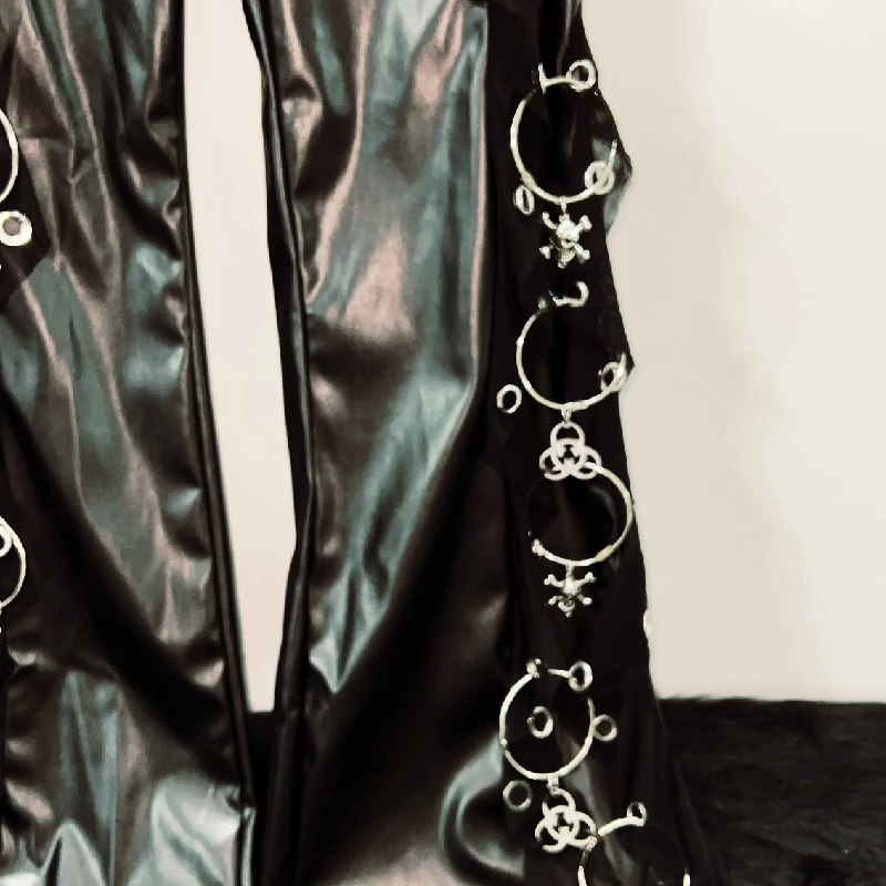 Rebel Heart Faux Leather O-Ring Flare Pants - Edgy Gothic Bell Bottoms with Cross Charms & Chain Belt for Fall & Halloween
