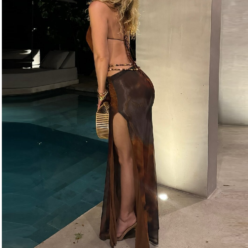 Vibrant Tropical Halter Maxi Dress | Beaded Cut-Out, Backless & Starfish - Your Winter Escape Essential