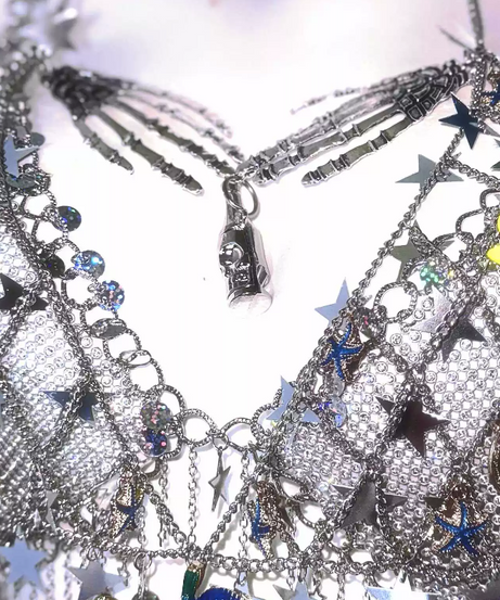 Celestial Siren Chainmail Halter Top – Whimsical Charms, Skeleton Hands & Star Tassels
