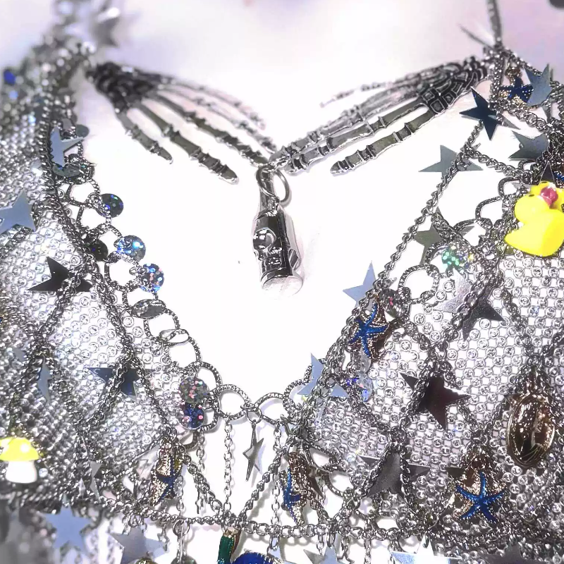 Celestial Siren Chainmail Halter Top – Whimsical Charms, Skeleton Hands & Star Tassels