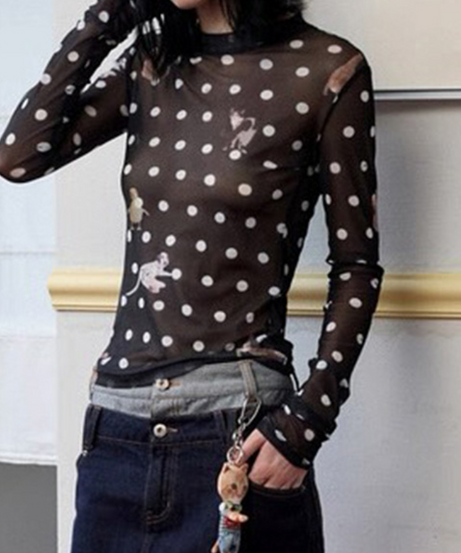 Autumn Whimsy: Adorable Critter & Polka Dot Mesh Long Sleeve Top