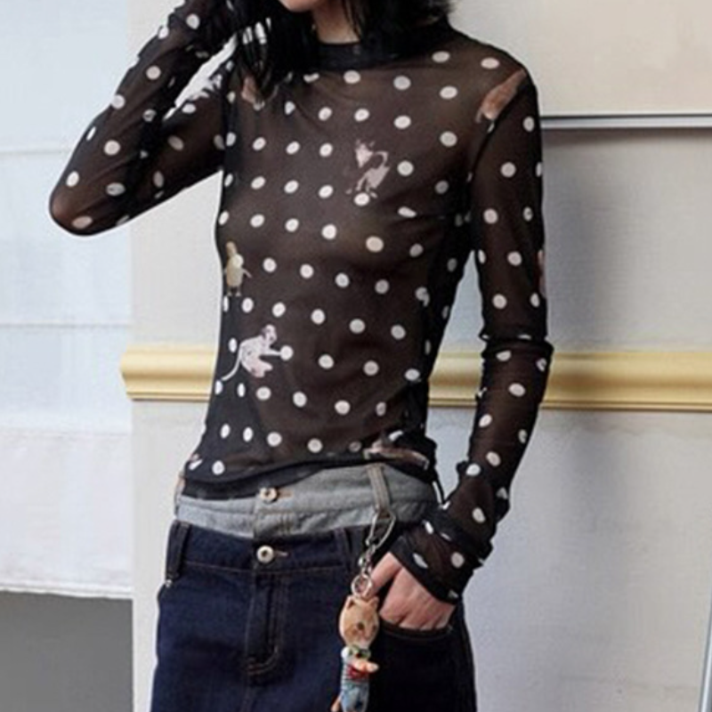 Autumn Whimsy: Adorable Critter & Polka Dot Mesh Long Sleeve Top