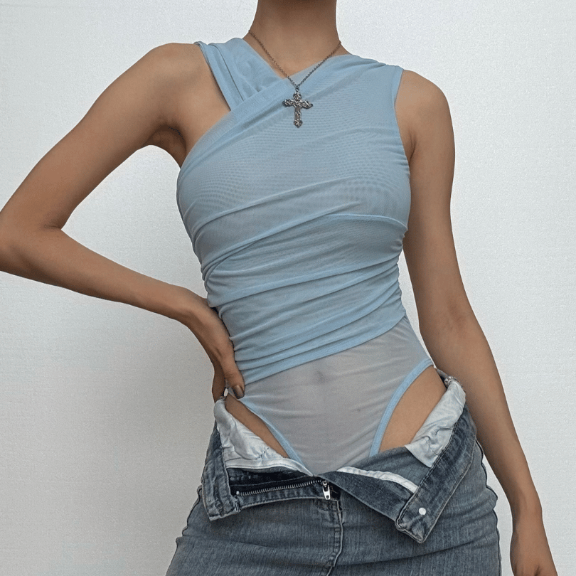 Effortless Chic: Sheer Ruched One-Shoulder Bodysuit - Your Fall Going-Out Essential!
