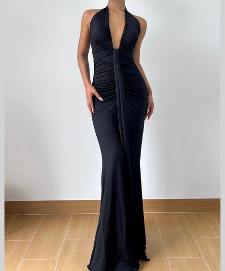 Timeless Black Halter Deep V Ruched Maxi Gown | Fall Gala & Holiday Party Glamour