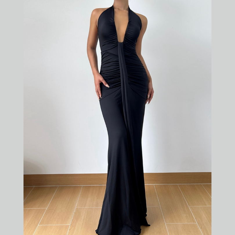 Timeless Black Halter Deep V Ruched Maxi Gown | Fall Gala & Holiday Party Glamour