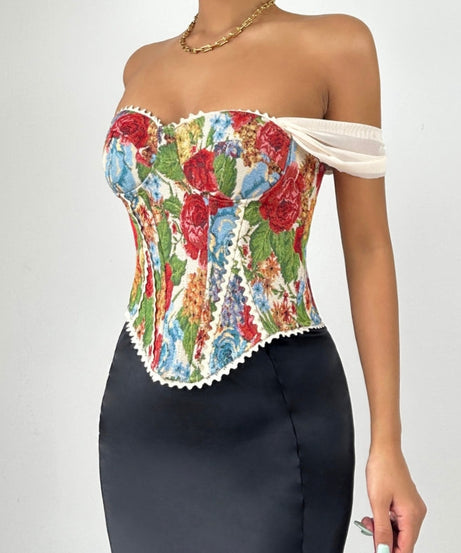 Chic Fall Floral Tapestry Bustier Top | Romantic Off-Shoulder Corset
