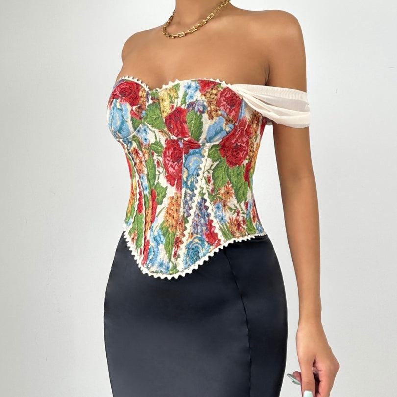 Chic Fall Floral Tapestry Bustier Top | Romantic Off-Shoulder Corset