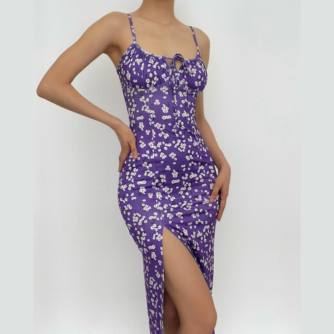 Romantic Blue Floral Midi Slip Dress with Slit - Sweetheart Neck, Perfect for Fall Dates & Resort Getaways