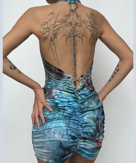 Stunning Abstract Print Halter Cut-Out Mini Dress - Perfect for Fall Nights Out