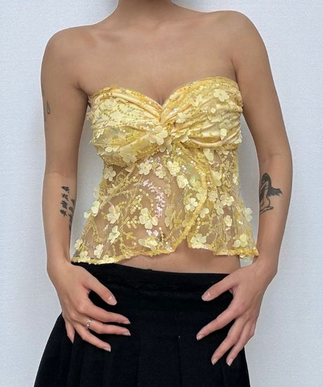 Dazzling Daisy Delight: Yellow Floral Sequin Strapless Top – Your Fall Party Statement
