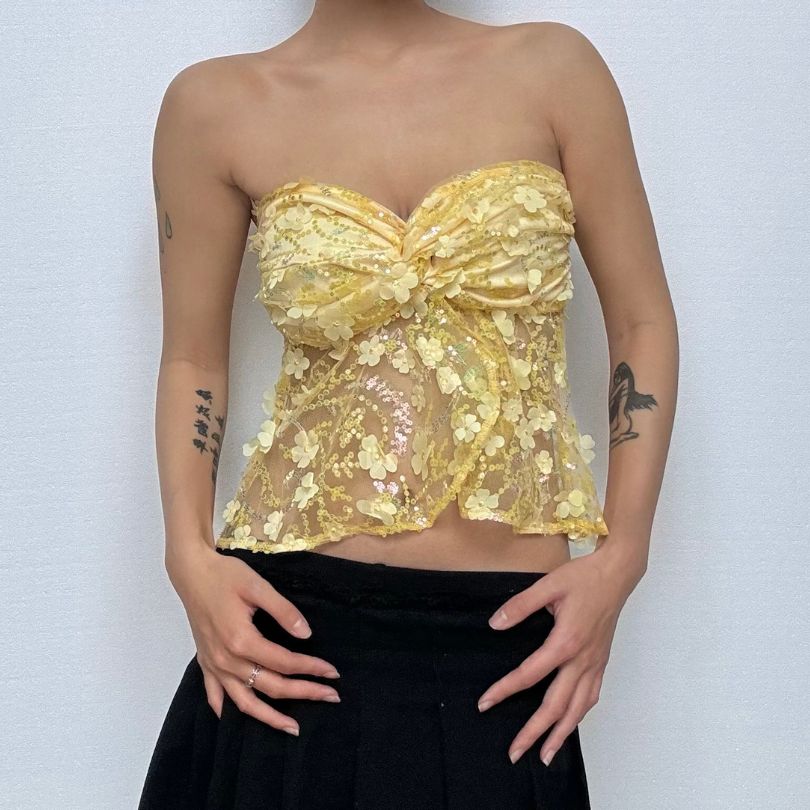 Dazzling Daisy Delight: Yellow Floral Sequin Strapless Top – Your Fall Party Statement