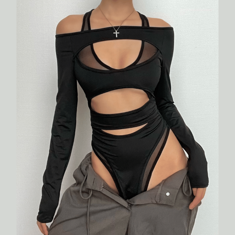 Daring Desire: Black Mesh Cut-Out Long Sleeve Bodysuit – Your Fall & Halloween Party Statement