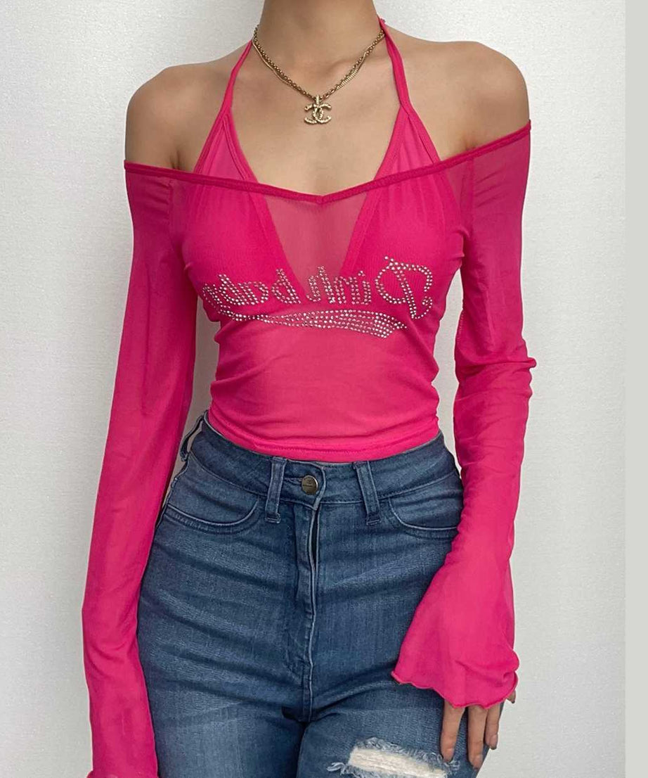Y2K Glam "Pinkbaby" Rhinestone Mesh Halter Crop Top - Edgy Fall Party & Halloween Essential