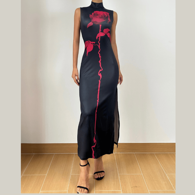Midnight Bloom Mock Neck Maxi Dress – Iconic Red Rose Print & High Slit for Fall & Holiday Glamour