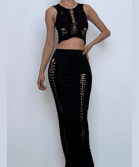 Sultry Black Cut-Out Maxi Skirt & Crop Top Set – Your Edgy Fall Party & Halloween Look