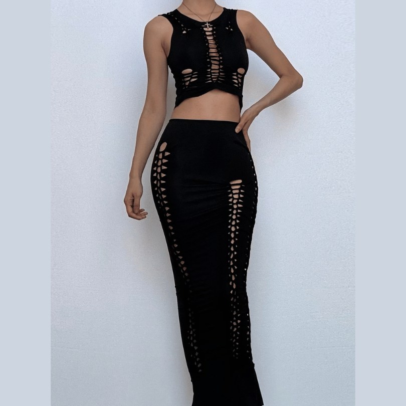 Sultry Black Cut-Out Maxi Skirt & Crop Top Set – Your Edgy Fall Party & Halloween Look