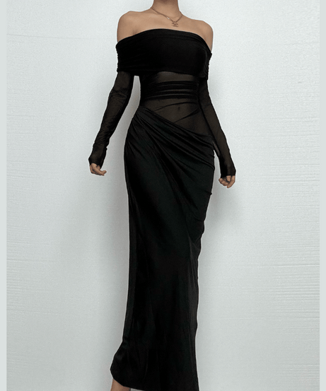 Alluring Black Mesh Off-Shoulder Maxi Dress - Ruched Evening Gown for Fall & Holiday Parties
