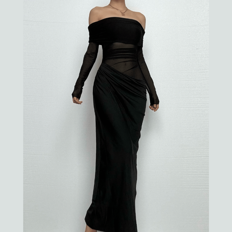 Alluring Black Mesh Off-Shoulder Maxi Dress - Ruched Evening Gown for Fall & Holiday Parties