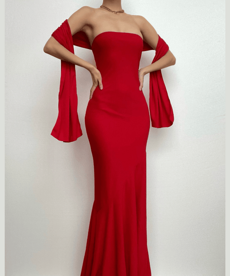 The Holiday Siren: Red Strapless Mermaid Maxi Dress with Elegant Shawl