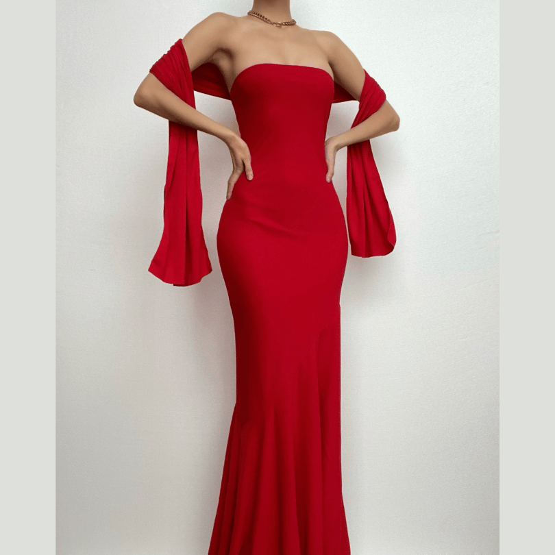 The Holiday Siren: Red Strapless Mermaid Maxi Dress with Elegant Shawl