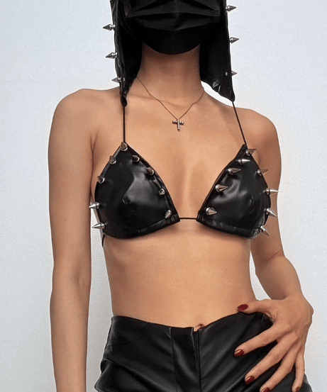 Fierce Spiked Faux Leather Bra Top - Halloween & Festival Ready Statement