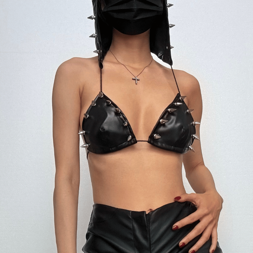 Fierce Spiked Faux Leather Bra Top - Halloween & Festival Ready Statement