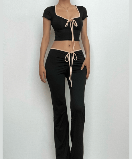 Fall Comfort & Style: Y2K Contrast Tie Crop Top & Flare Pant Lounge Set for Women