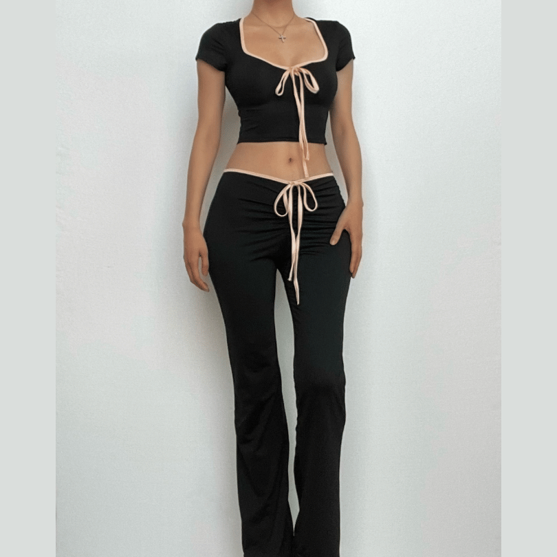 Fall Comfort & Style: Y2K Contrast Tie Crop Top & Flare Pant Lounge Set for Women