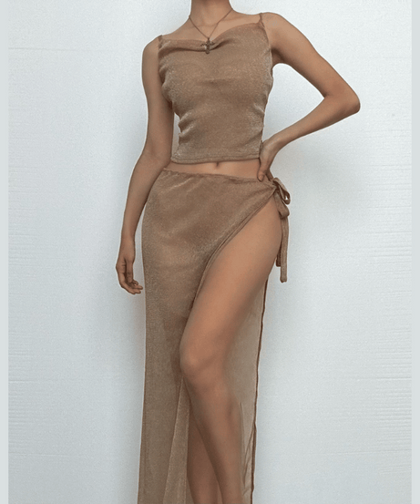 Golden Hour Glam: Shimmer Cowl Neck Crop Top & High Slit Maxi Skirt Set – Perfect for Holiday Parties & Warm Escapes