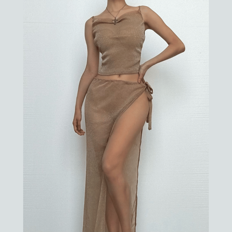 Golden Hour Glam: Shimmer Cowl Neck Crop Top & High Slit Maxi Skirt Set – Perfect for Holiday Parties & Warm Escapes