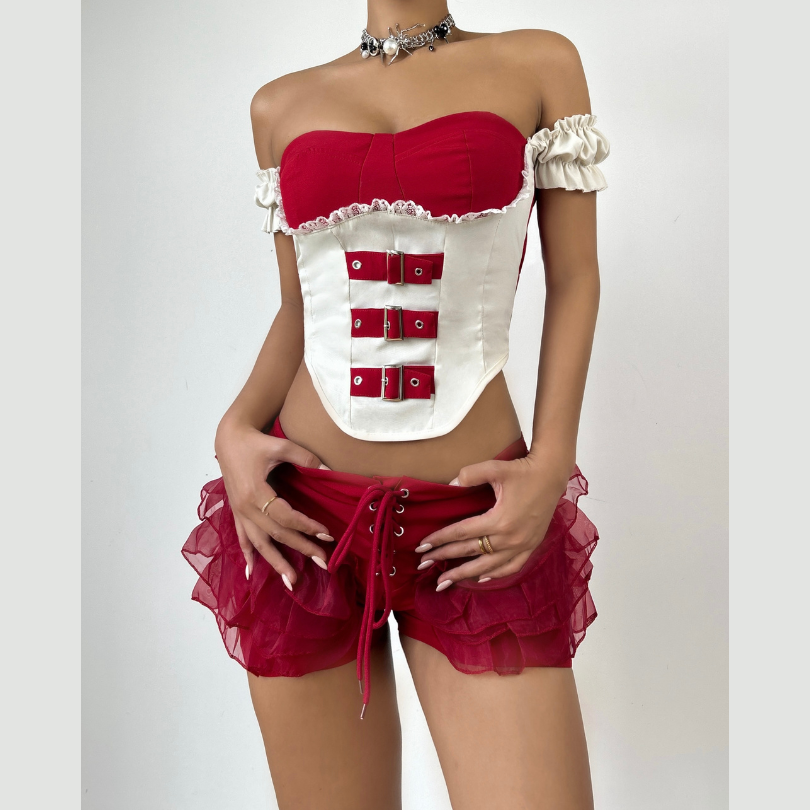 Crimson Siren: Off-Shoulder Buckle Corset & Ruffled Lace-Up Shorts Set | Holiday Party Ready