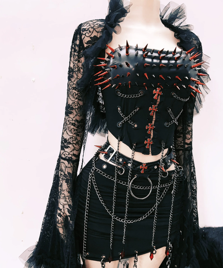 Unleash Your Edge: Spiked Gothic Corset & Chain Mini Set - Perfect for Halloween & Club Nights