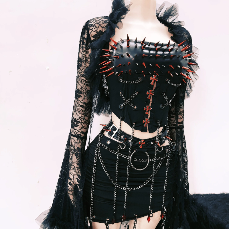 Unleash Your Edge: Spiked Gothic Corset & Chain Mini Set - Perfect for Halloween & Club Nights