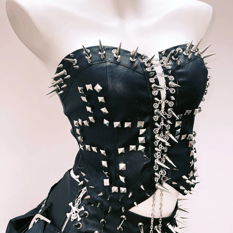 Fierce Spiked & Studded Faux Leather Corset Top – Halloween, Goth & Punk Rave Ready