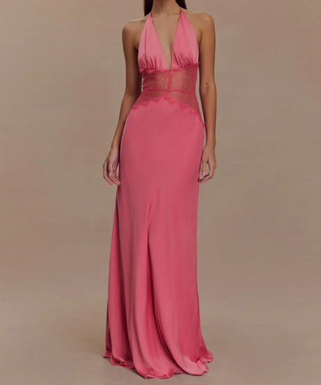 Chic White Halter Maxi Dress with Alluring Black Lace Detail - Your Holiday & NYE Glamour Statement