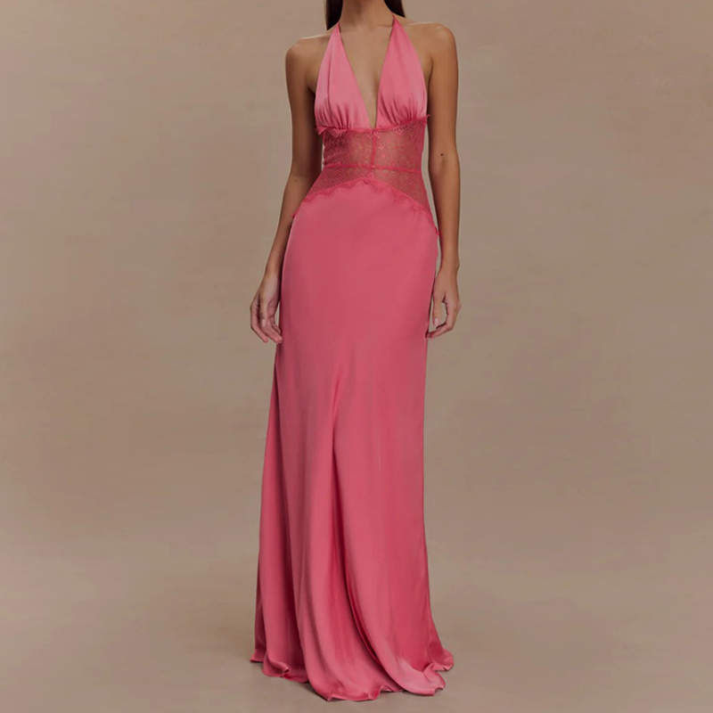 Chic White Halter Maxi Dress with Alluring Black Lace Detail - Your Holiday & NYE Glamour Statement