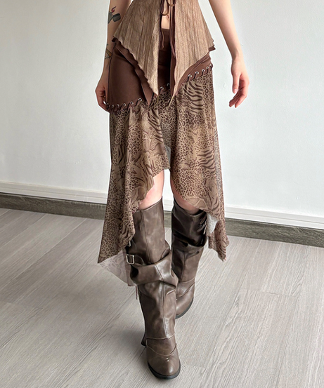Enchanted Forest Asymmetrical Midi Skirt - Layered Animal Print Fairy Grunge for Fall