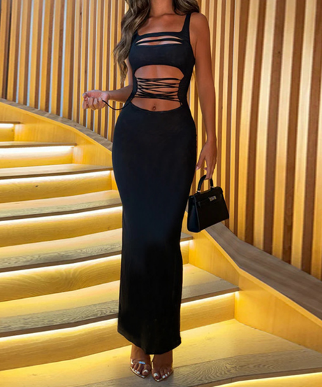 Chic Cut-Out Lace-Up Maxi Dress | Modern Square Neck Evening & Holiday Style