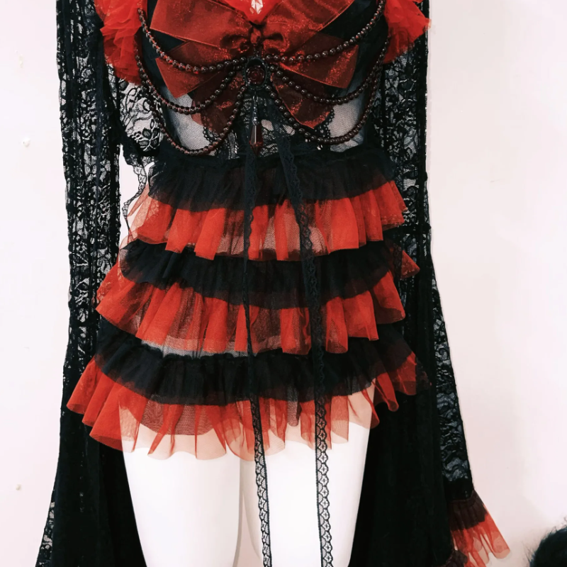 Vampire Vixen Ruffled Mini Dress with Lace Shrug – Halloween & Dark Romance Party Wear