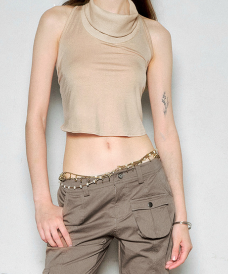 Fall Vibes: Olive Green Layered Mock Neck Halter Crop Top with Tie-Back