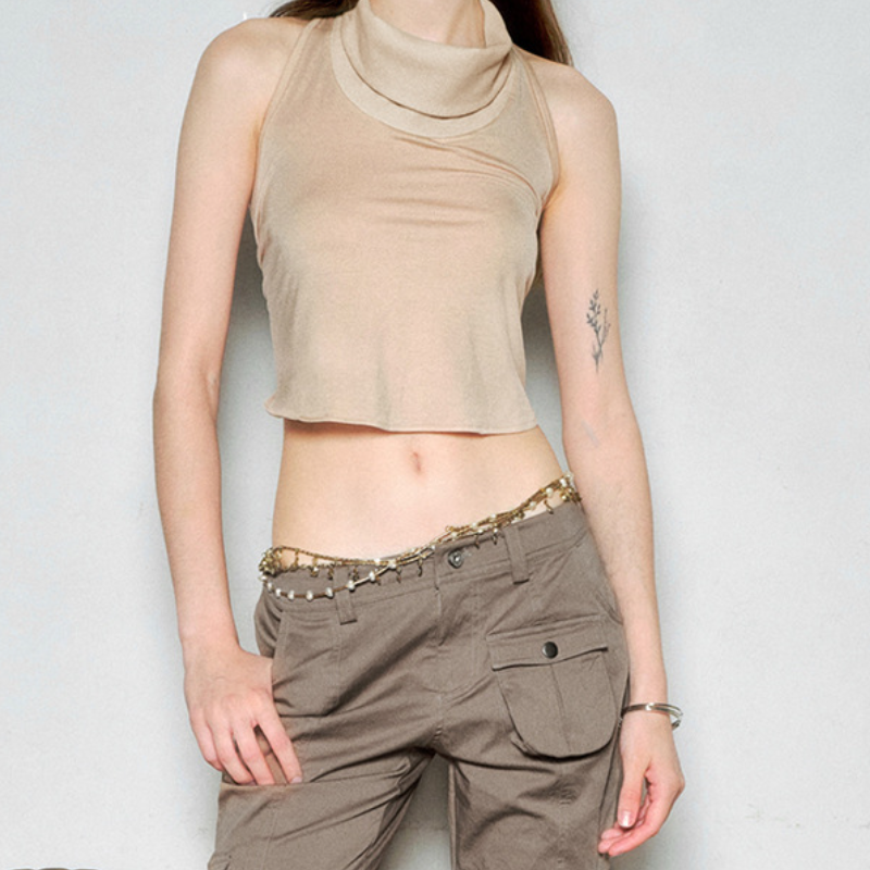 Fall Vibes: Olive Green Layered Mock Neck Halter Crop Top with Tie-Back