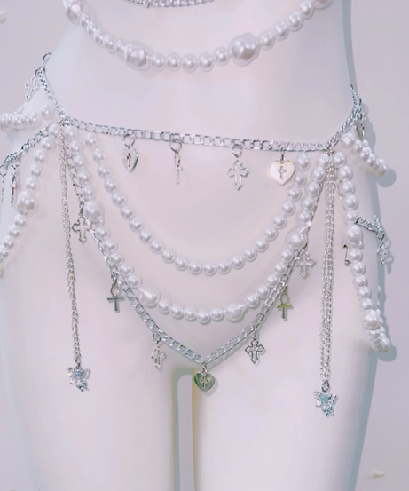 Glam Goddess Pearl & Silver Body Chain Harness - Dazzle for Halloween, Festivals & NYE!