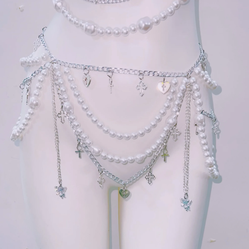 Glam Goddess Pearl & Silver Body Chain Harness - Dazzle for Halloween, Festivals & NYE!