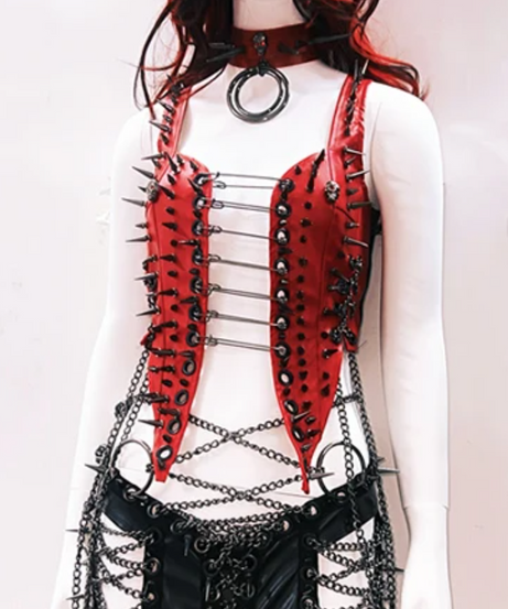 Rebel Red Spiked & Chained Goth Vest - Halloween, Club & Festival Ready for Women